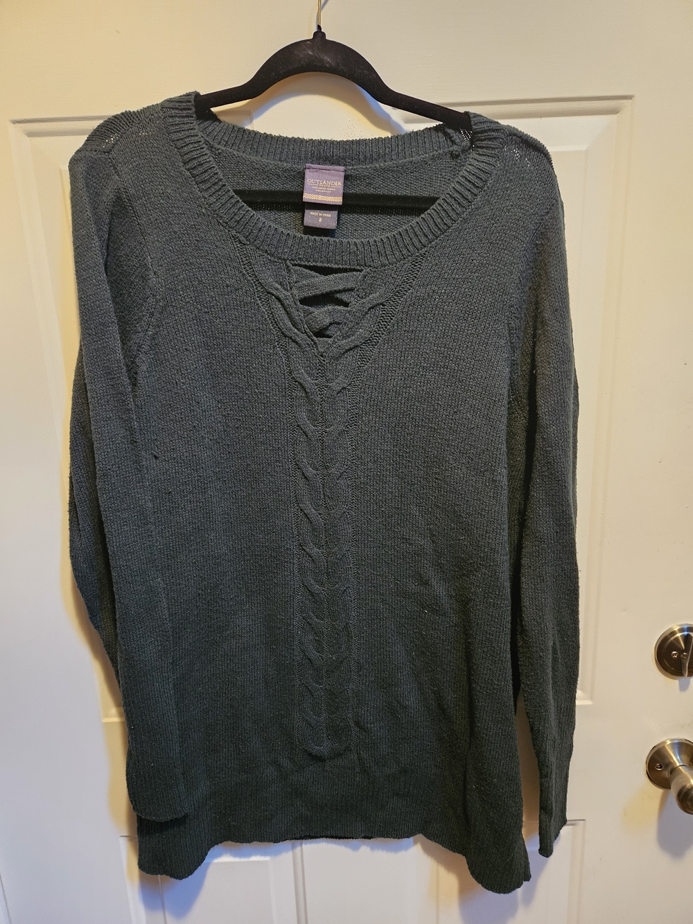 Lace-Up Cable Crewneck Sweater in Dark Green - Women's